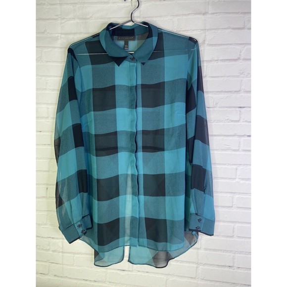 Lane Bryant Plus Size Womens 14 16 Plaid Sheer Button Up Split Back Blouse Top - Picture 1 of 9